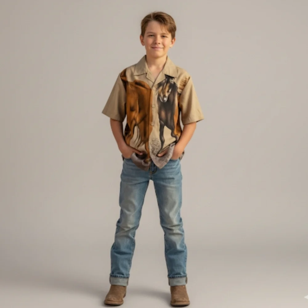 Oscar Kids- Boys NWT Horse Graphic Short Sleeve Dress Shirt Size Medium (8)